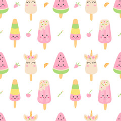 Cute ice cream seamless pattern. Funny popsicle. Kawaii cartoon style. Ideal for textile, wrapping paper or cards. Vector illustration.