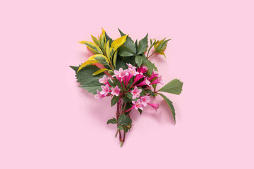 Obraz premium Greeting card with pink weigela flowers for mother's day or birthday. Creative design with copy space for text.