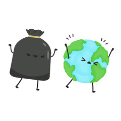 Earth and plastic bag character design. planet vector. symbol. logo plant vector. Garbage bag.