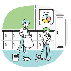 教室の掃除をする男子生徒たち