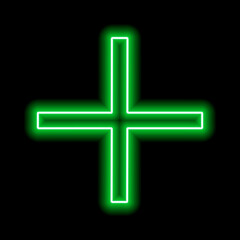 Obraz premium Green neon cross on a black background. One object. Plus sign