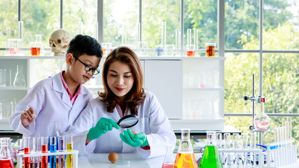 Young Asian woman with magnifier examining chicken egg while focused boy mixing colorful liquids during scientific experiment in chemistry laboratory