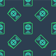 Line Passport with biometric data icon isolated seamless pattern on blue background. Identification Document. Vector