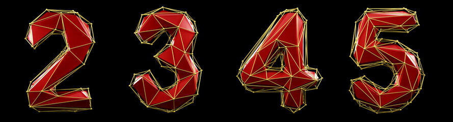 Set of numbers 2, 3, 4, 5 made of red color glass.