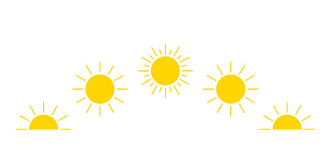 Day cycle and movement path sun icon, sunshine, sunrise or sunset. Decorative circle full and half sun and sunlight. Hot solar energy. Vector sign