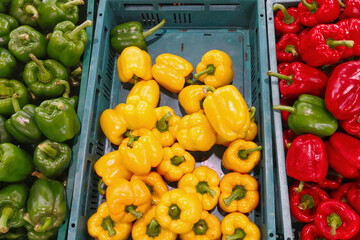 Fresh Red Yellow and Green sweet pepper on the street market.