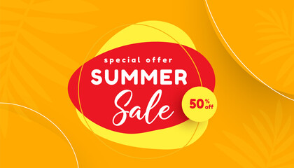 Fototapeta premium Summer sale vector illustration with tropical leaves background. Promotion banner for website, flyer and poster