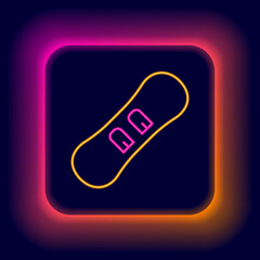 Glowing neon line Snowboard icon isolated on black background. Snowboarding board icon. Extreme sport. Sport equipment. Colorful outline concept. Vector