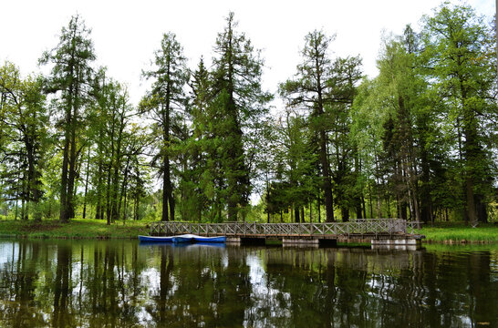 Empty wooden boats on the lake, rural view