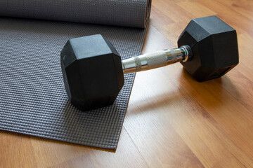 yoga mat and dumbbell, sport exercise fitness at home