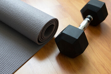 yoga mat and dumbbell, sport exercise fitness at home