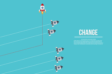 Different Approach - Different Direction. Group of rockets flying in one direction and with one individual flying in the different way, can be used leadership/individuality concepts.	