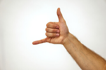 hang loose. Gesturing thumb and little finger. Hand of a Caucasian man on a white background. Place for text