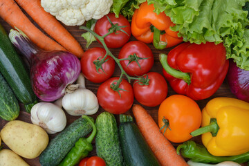 Colorful set organic food. Fresh raw vegetables. Healthy vegetarian food.Vegetarian eating concept.Top view.Flat lay