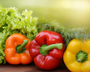 Colorful sweet bell peppers, salad, dill on wooden background.Healthy vegetarian food.Vegetarian eating concept. Copy space for text