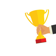 Business goal achievement vector concept, flat style happy successful businessman holding golden cup award in hand, leadership idea, first place prize victory, competition winner