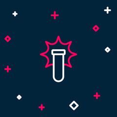 Line Chemical experiment, explosion in the flask icon isolated on blue background. Chemical explosion in a test tube. Colorful outline concept. Vector