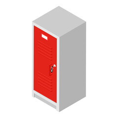 Red metal locker door with key isolated on white background.