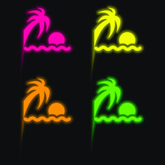 Beach Sunset four color glowing neon vector icon