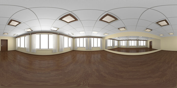 Empty dance-hall with yellow walls and wooden parquet 360 degrees panorama