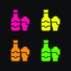 Beer Bottle four color glowing neon vector icon