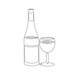 Hand drawn logo of wine bottle and glass, one line art, stylized continuous contour. Doodle, sketch style. Isolated. Vector illustration