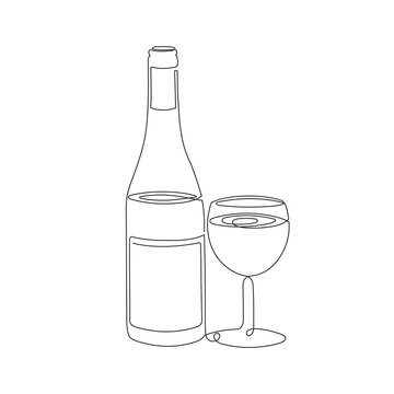 Hand drawn logo of wine bottle and glass, one line art, stylized continuous contour. Doodle, sketch style. Isolated. Vector illustration