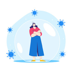 Man and woman stands inside a protective bubble. Adult characters are vaccinated and protected from coronavirus COVID-2019. Vector isolated illustration on white background
