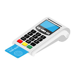 POS Terminal payment machine isolated on white background. Bank Payment Terminal. Processing NFC payments device. Isometric view