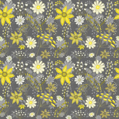 Seamless floral pattern, drawing with pastels, twigs, flowers and berries.