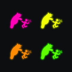 Bear Attacking four color glowing neon vector icon