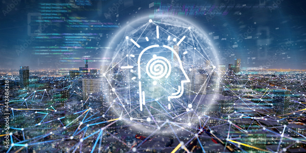 Poster Smart city with an artificial intelligence network and communication connection - 3d rendering