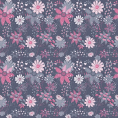 Fototapeta na wymiar Seamless floral pattern, drawing with pastels, twigs, flowers and berries.
