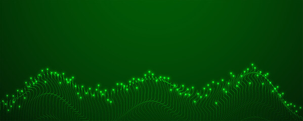Big data visualization concept. Dynamic wave on green background. Wave of particles