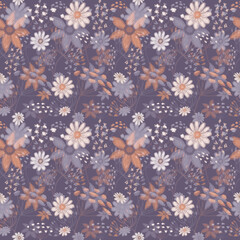 Seamless floral pattern, drawing with pastels, twigs, flowers and berries.