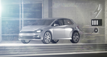 Power supply connect to electric vehicle to charge the battery - 3d rendering