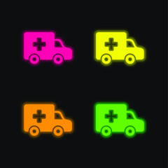 Ambulance Side View four color glowing neon vector icon