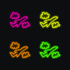 Airplane Hand Drawn Flight Between Clouds four color glowing neon vector icon