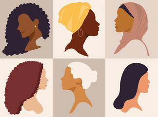 Female diverse faces of different ethnicity pattern. Set of 6 faces. Women empowerment movement pattern. International women's day graphic in vector. - 442484634