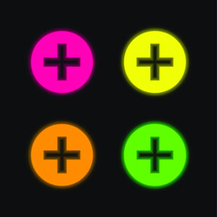 Obraz premium Add Interface Circular Symbol With Plus Sign four color glowing neon vector icon