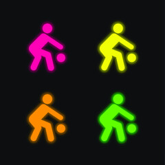 Basketball Player Silhouette With The Ball four color glowing neon vector icon