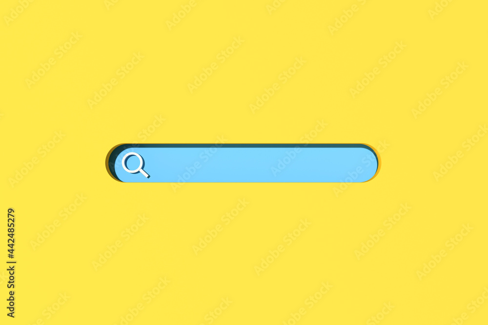 Poster 3d rendering of blank search bar on yellow background. Minimal scene of internet searching.