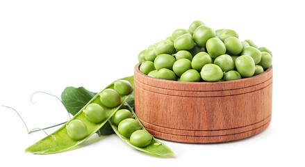 Fresh green peas in a wooden plate with a leaf on a white background. Isolated