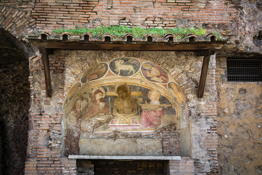 Frescoed lunette of the Church of San Biagio del Mercato (12th century)  in Rome, Italy