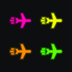 Airplane four color glowing neon vector icon