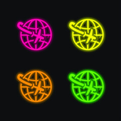 Airplane Flight Around The Planet four color glowing neon vector icon