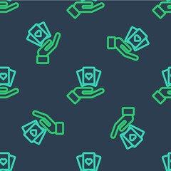 Line Hand holding playing cards icon isolated seamless pattern on blue background. Casino game design. Vector