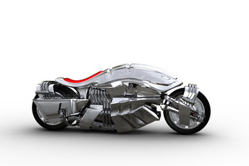 Side view 3D illustration of a futuristic cyberpunk style silver motorcycle isolated on a white background.