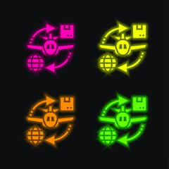 Air Plane four color glowing neon vector icon