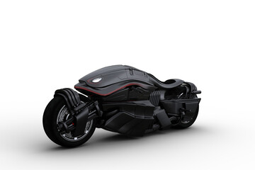 3D illustration of a black coloured futuristic cyberpunk style motorbike isolated on a white background.